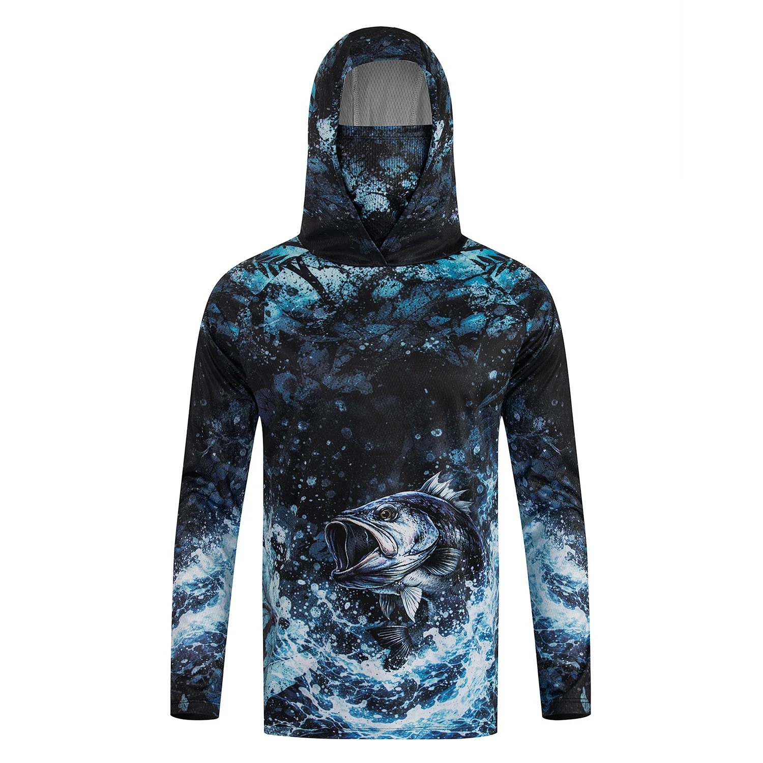 UPF50+ Men Fish Print Fishing Hoodie Built-in Face Mask Quick Dry Sun Protective Shirt