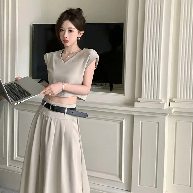 Skirt Women Ankle V-Neck Short-Sleeved Top Length Solid High Waist All-Match Elegant Baggy Skirt Suit Harajuku A-Line Fashion