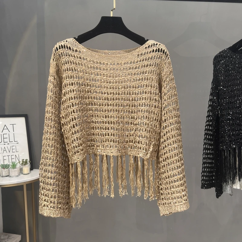 

Lazy Style Hollow Out Sun Protection Knitted Cover-Up Top, Summer Autumn Tassel Elegant Loose Sequin Knitted Tshirt