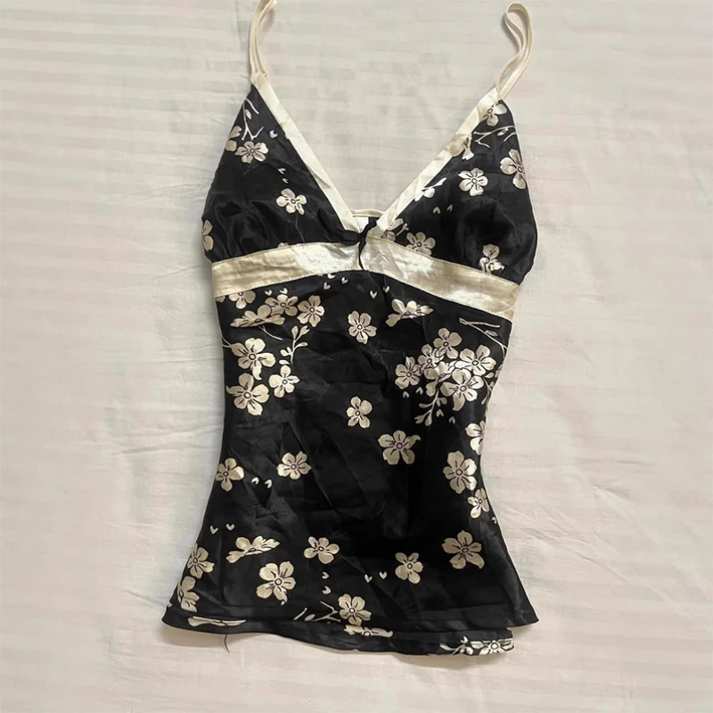 Summer Women's Floral Cami Top Y2K Vintage Tank Top V Neck Sleeveless Blouse Slim Fit Casual Streetwear Sexy Summer Fashion