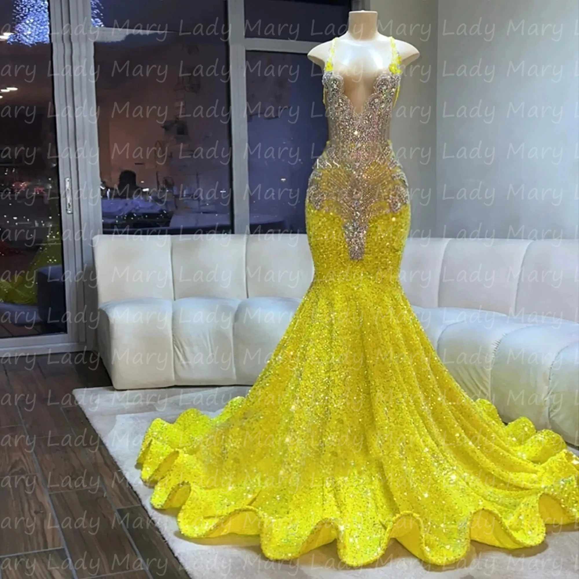 Shinny Crystal Customized Yellow Prom Dresses 2025 Beads Girls Formal Evening Gowns Mermaid Graduation Party Robe Customized