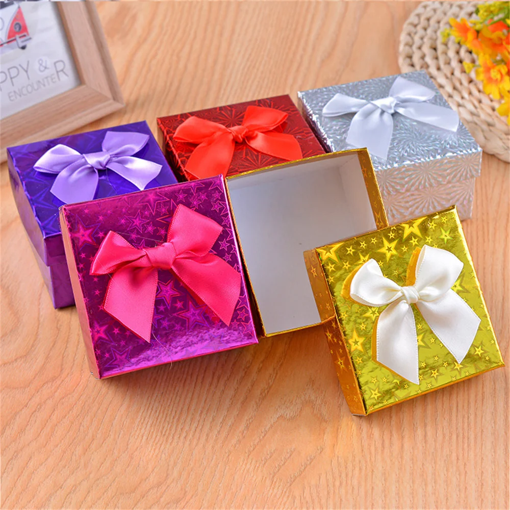 Square Bow Jewelry Box Gift Cardboard Boxes For Ring Necklace Earring Women Candy Toys Gifts Packaging Case Party Supplies