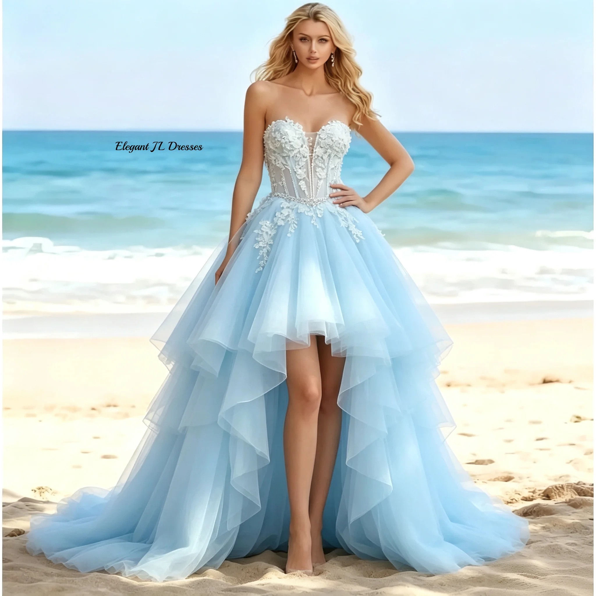 Romantic Fairy High Low Wedding Dress Strapless Sweetheart Floral Lace Light Blue Tulle Layered Train Bridal Gown Customized