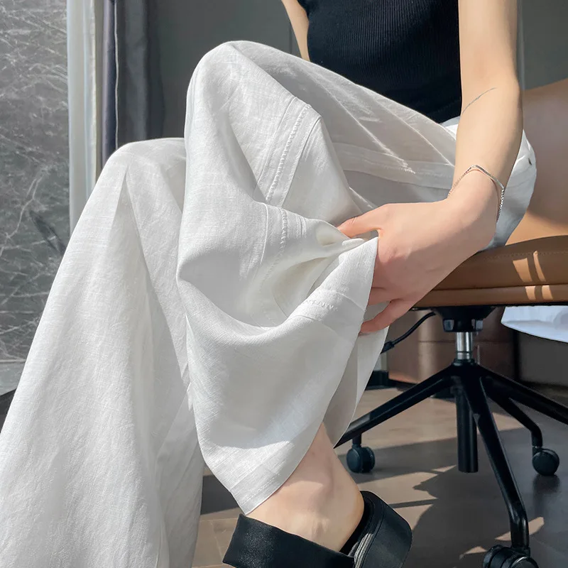 Linen Wide-leg Pants Women's High-waisted Drawstring Drape Lightweight Casual Straight-leg Pants