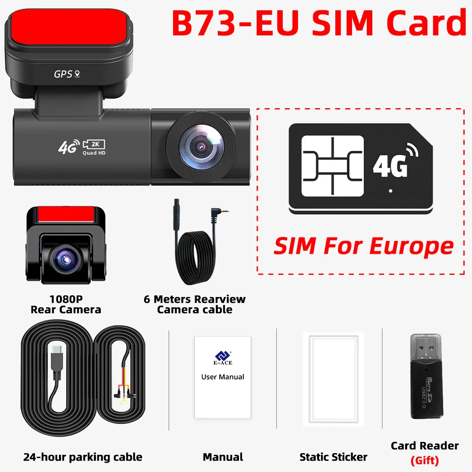 ACCEO 4G/2k Dash Cam Remote Real-Time Monitoring APP Controle Auto Video Recorder Recorder GPS-positionering met 1080P achteruitrijcamera