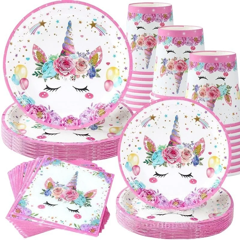 Taza desechable para fiesta de cumpleaños de unicornio, plato, servilleta, decoración, feliz Día de los niños, niña, princesa, Baby Shower, suministros para fiesta, regalo