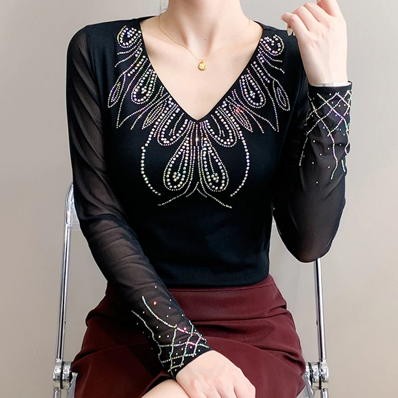 

Корейская модная футболка с бриллиантами, осенне-зимняя одежда, рубашка с v-образным вырезом и длинными рукавами, тонкие женские сетчатые топы