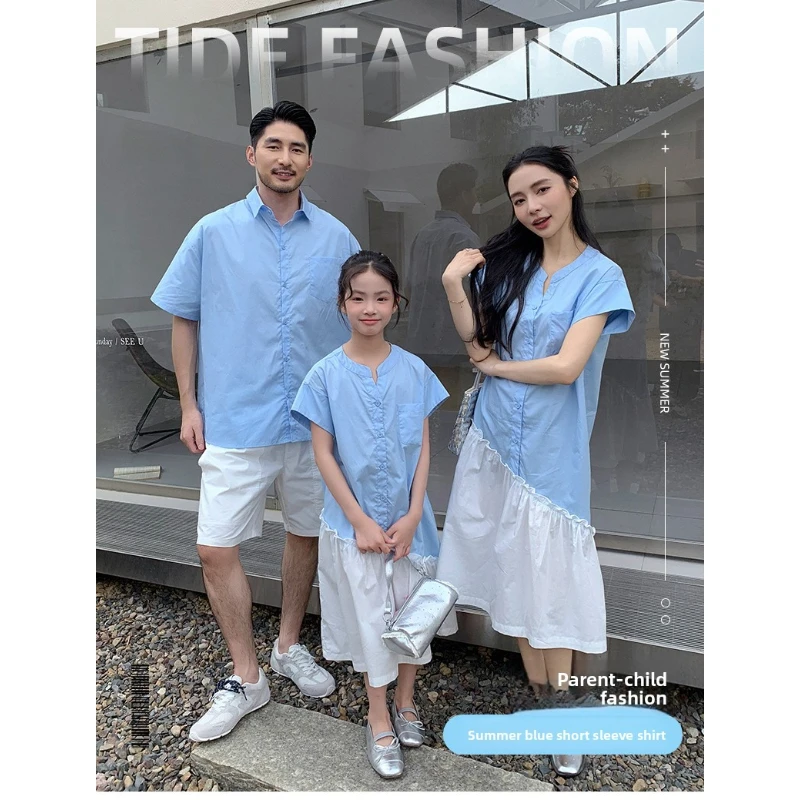 

2026 Summer Short Sleeve Shirt Mom Daughter Dress Family Matching Casual Beach Vacation Outfits Dad Son Kids Daily Photoshoot