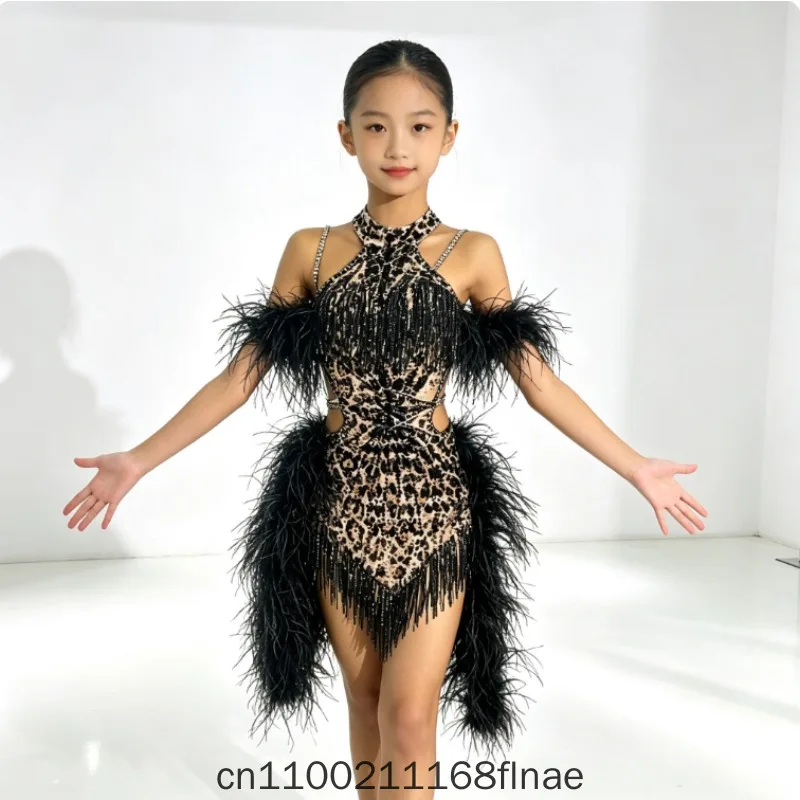 Latin Dance Dress Children's Competition Flower Dress Adult Dance Performance Professional Art Exam Leopard Pattern New Diamond