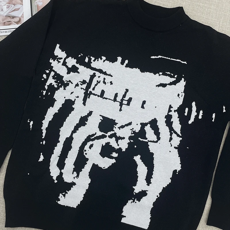 كنزة رجالية مطبوعة بلون أسود نقي وسيم ، كنزة صوفية كلاسيكية ، جاكيت ناعم ودافئ ، نمط بانك فضفاض مريح ، توبات غير رسمية ، جديدة ،