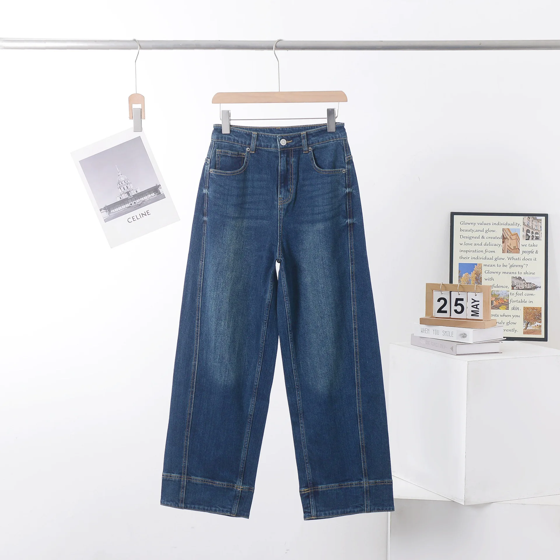 

Женские синие джинсы высокого качества, простые шикарные осенние джинсовые брюки во французском стиле, повседневные модные потертые свободные брюки в стиле ретро