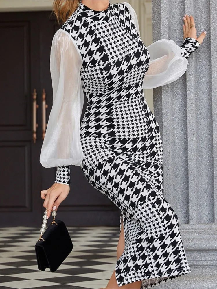 Spring Autumn New Mesh Splicing Long Sleeved Women\'s Dress Fashion Print Checkered Slim Fit Bag Hips Step Female Elegant Dresses