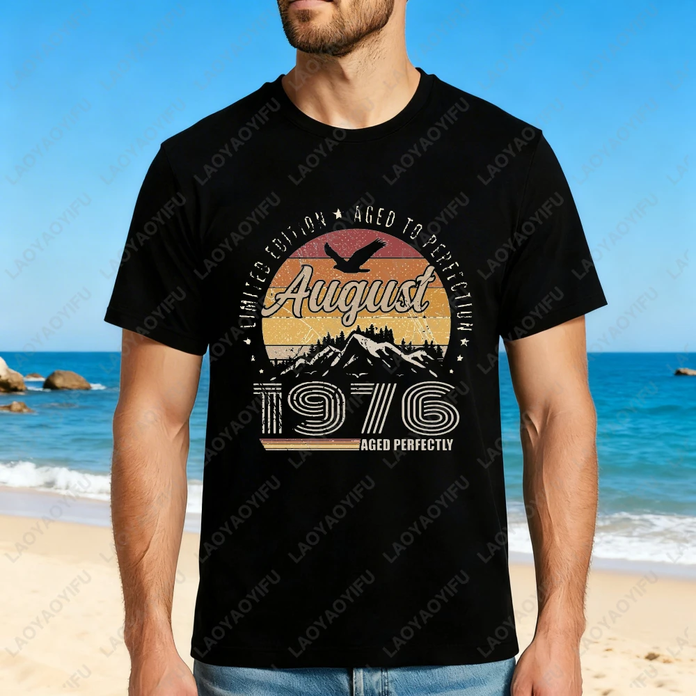 August 1976 Vintage Mountain Sunset Design Unisex Cotton T-Shirt Summer Beach Casual Wear Birthday Gift For Men And Women