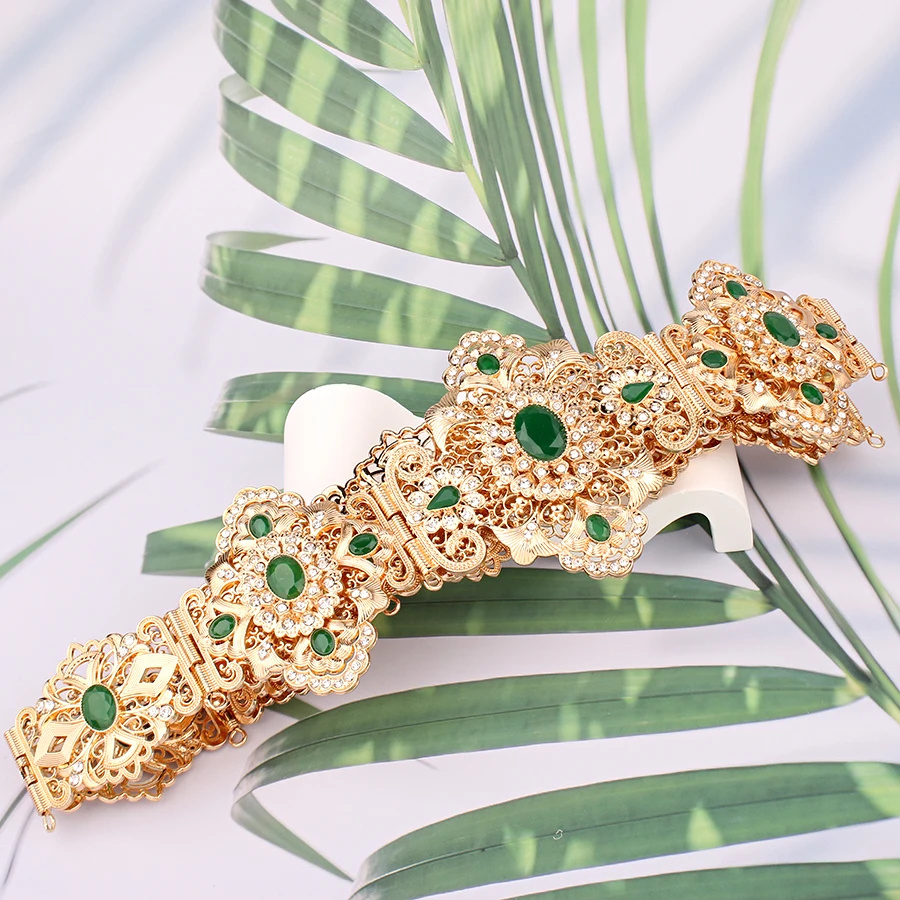 Traditionele Marokkaanse Jurk Riem Gold Plating Groen Rood Rhinestone Taille Kettingen Voor Vrouwen Caftan Bruids Sieraden Riemen