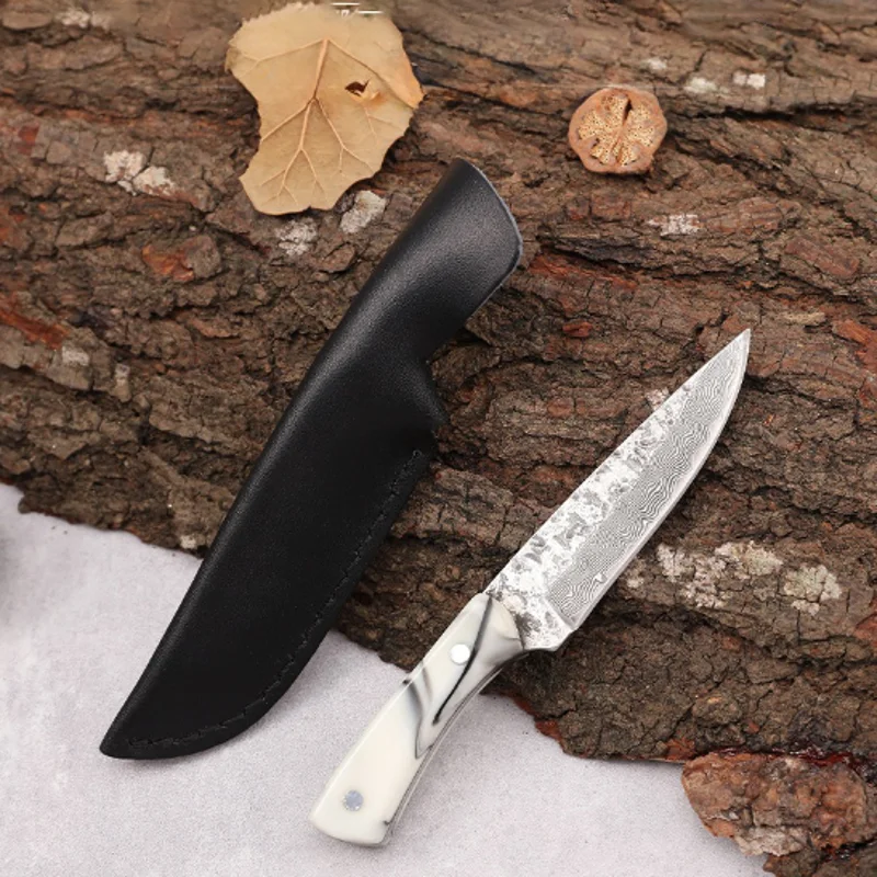 Forged Damascus grain straight knife self-defense knife car-mounted mini pocket knife one steel sharp fruit knife