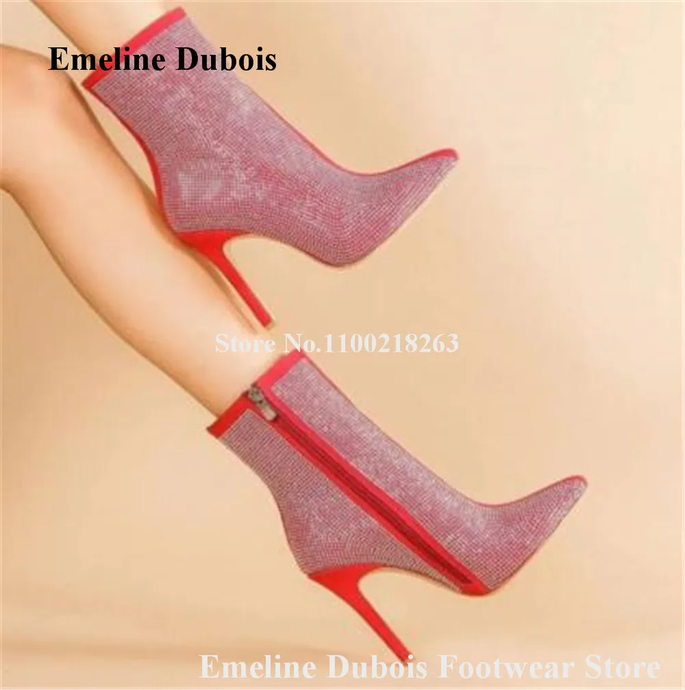 

Bling Bling Rhinestones Red Short Boots Emeline Dubois Pointed Toe Shining Crystals Stiletto Heel Ankle Booties Wedding Heels