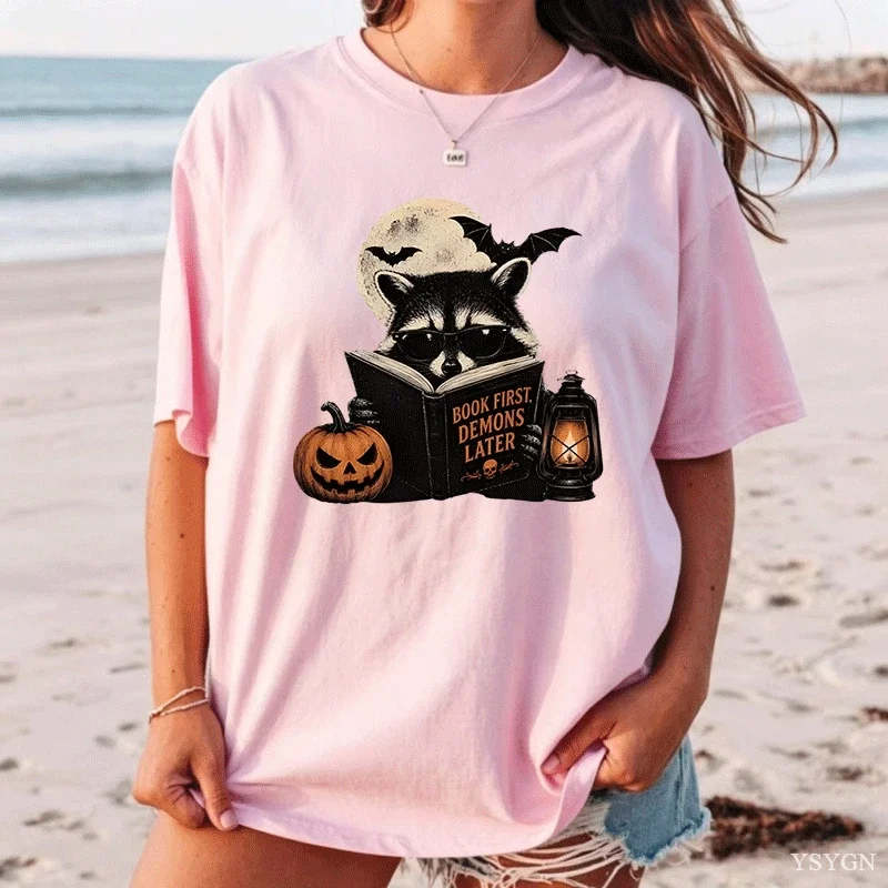 Funny Raccoon Halloween T Shirt Book First Demons Later Tee Graphic Spooky Reader T-shirts Gift Fall Book Lover Tees Clothes
