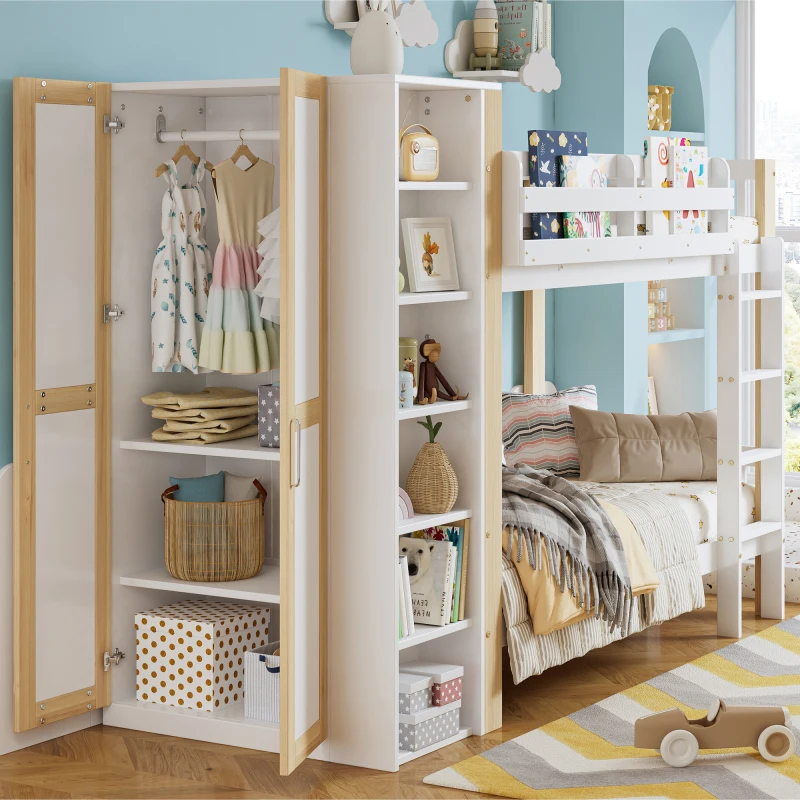 Cama litera, cama infantil con protección anticaídas y barandilla, con escalera de 4 niveles, 6 estantes abiertos, armario lateral, amplio espacio de almacenamiento, madera de pino y aglomerado, blanco y natural, 90x200cm