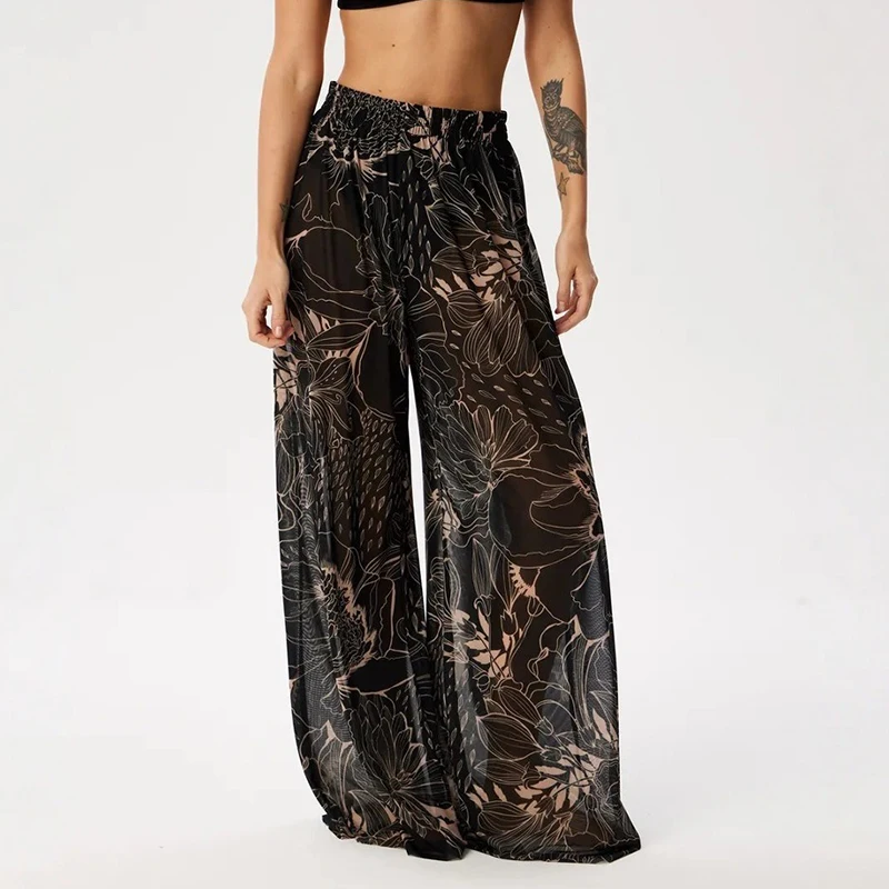 Pantalones elegantes con estampado Vintage para mujer, pantalones sencillos de gasa elásticos de cintura alta, pantalones de pierna ancha, ropa de playa Spice Girl, Bikini para cubrir 2025