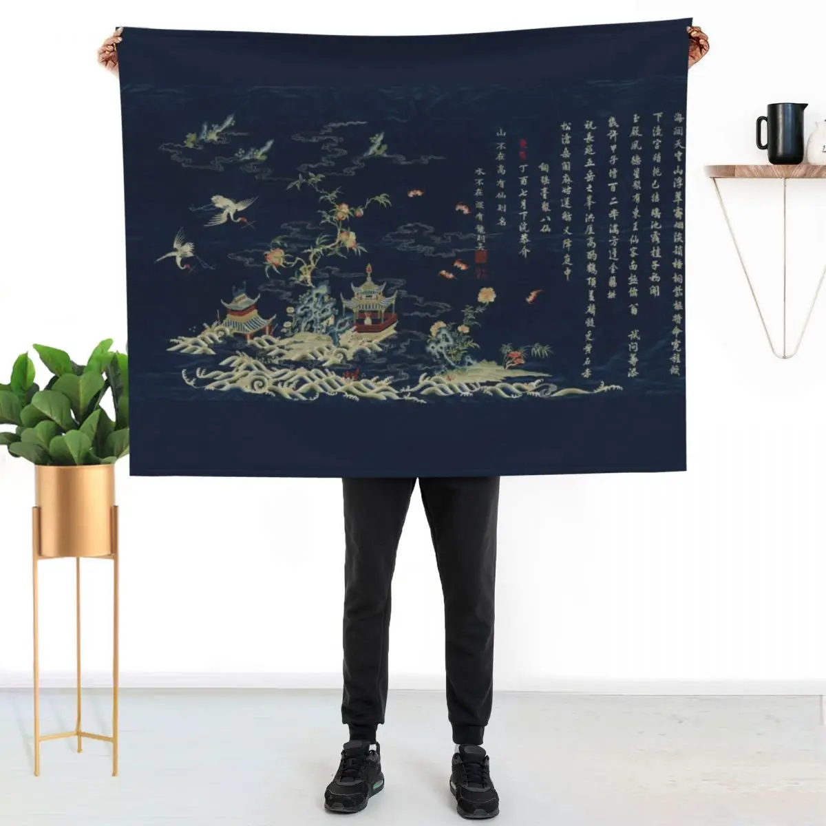 Panel with cranes over an immortal land embroidery Throw Blanket Bed Personalized Gift Furrys halloween Blankets