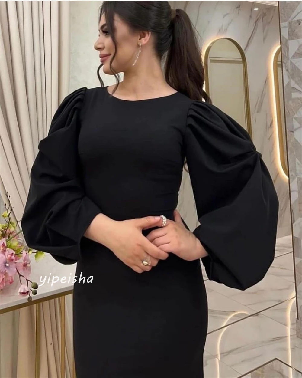 Vestido de noche de Arabia Saudita, traje Midi fruncido con cuello redondo, ideal para fiesta de cóctel