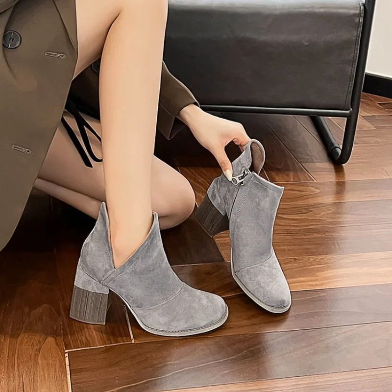 

Ankle Boots Plus Size Shoes New Thick Heel V-side Zipper Boots Women's Comfort Suede Ankle Boots Botas De Invierno Para Mujer