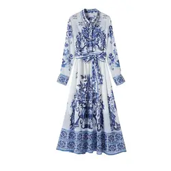 Banulin Summer Sliver Blue And White Porcelain Chiffon Dress Women Beading Lapel Lantern Sleeve Bow Sashes Elegant Long Dress