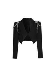 2023 Lente Herfst Elegante Ol Vrouwen Keten Korte Blazer Harajuku Punk Kettingen Bijgesneden Jas Casual Lange Mouw Super Korte Jas