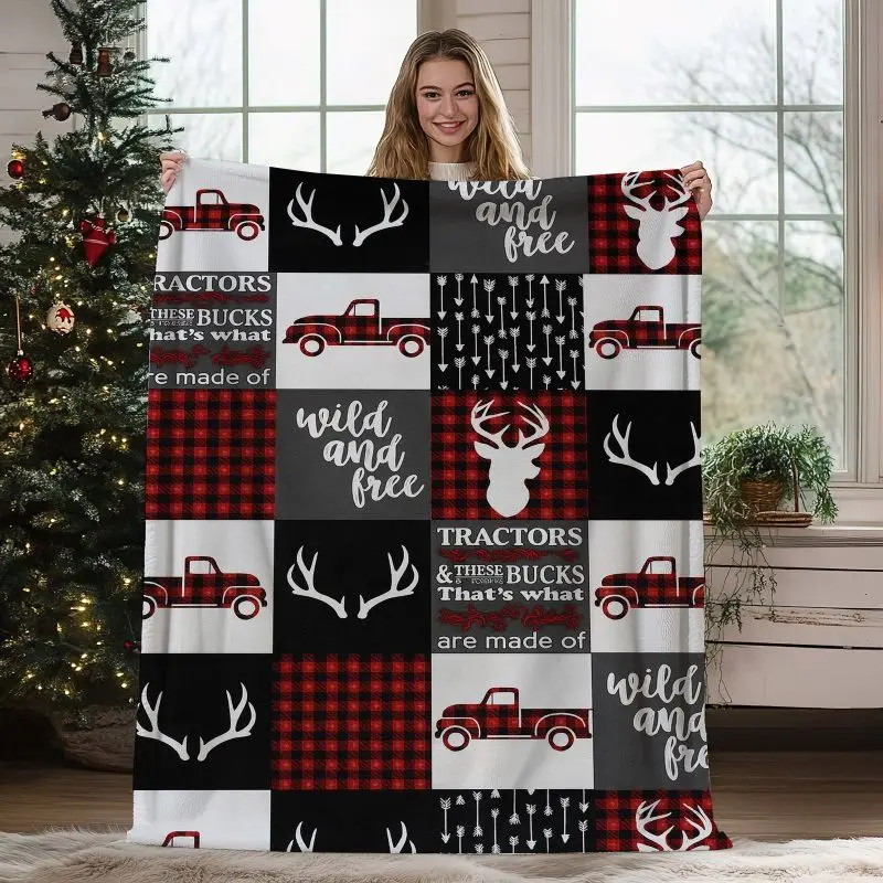 VIKAMA Rustic Farm Truck Deer Antler Throw Blanket Country Patchwork Buffalo Plaid Print For Couch Cabin Lodge Home Decor