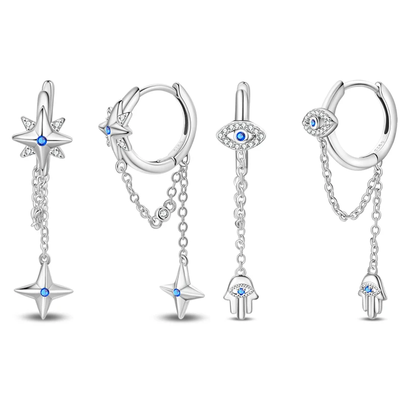 New 925 Sterling Silver Star Eyes Tassel Earrings Sparkling CZ Zircon For Women Girls Adorable Birthday Party Cute Jewelry Gifts