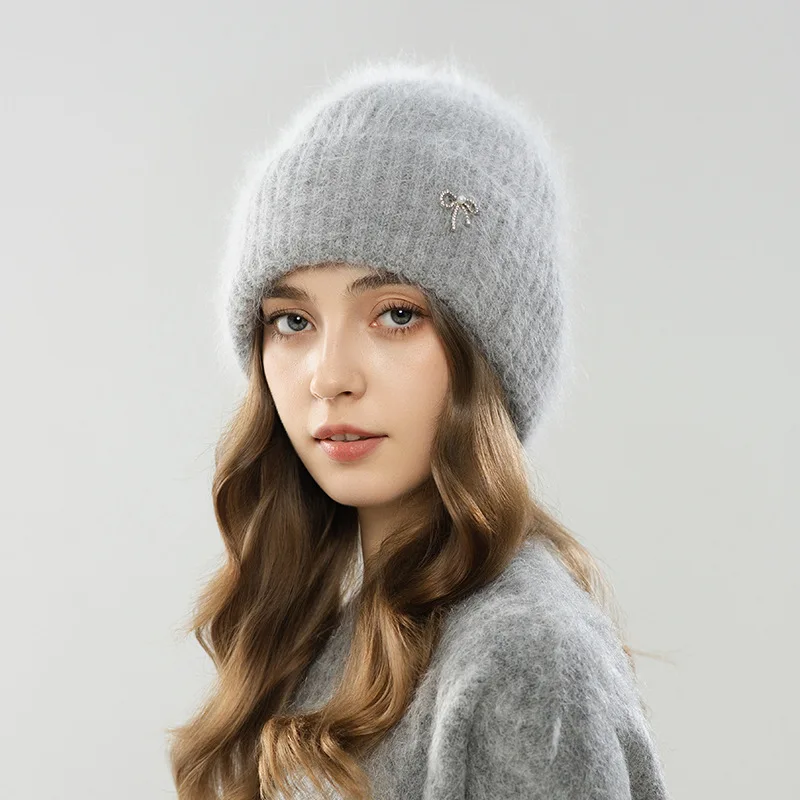 Gorro de invierno para mujer, boina de punto de Angora, forro polar, accesorio cálido para esquiar, otoño, deportes al aire libre, ciclismo