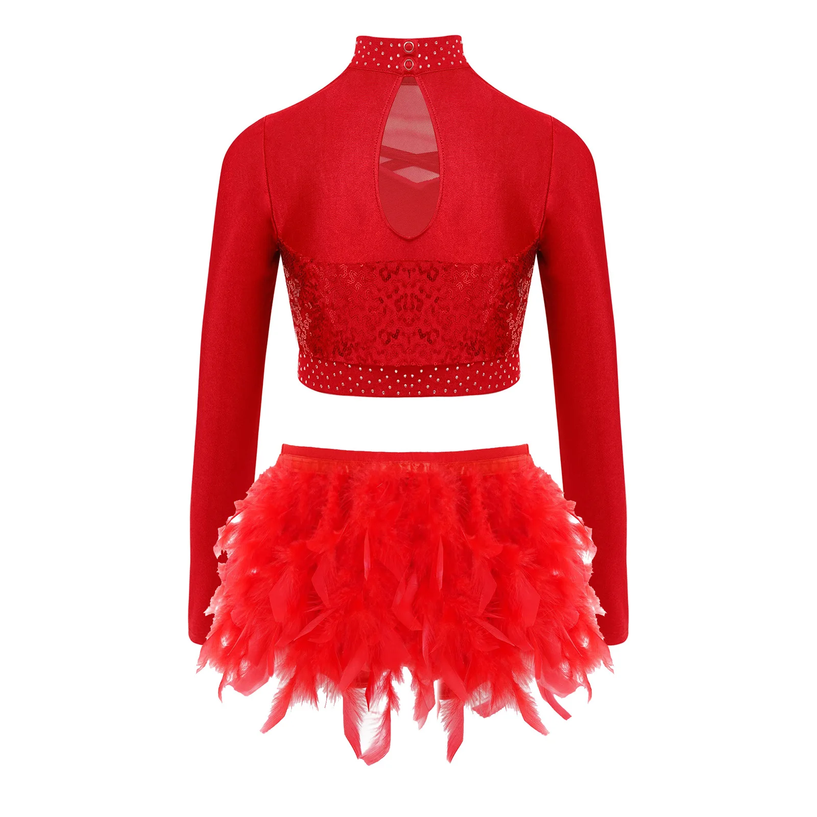 Kids Girls Jazz Ballet Latin Dance Performance Costume Long Sleeve Sheer Mesh Shiny Sequins Crop Top with Feather Dance Bottoms