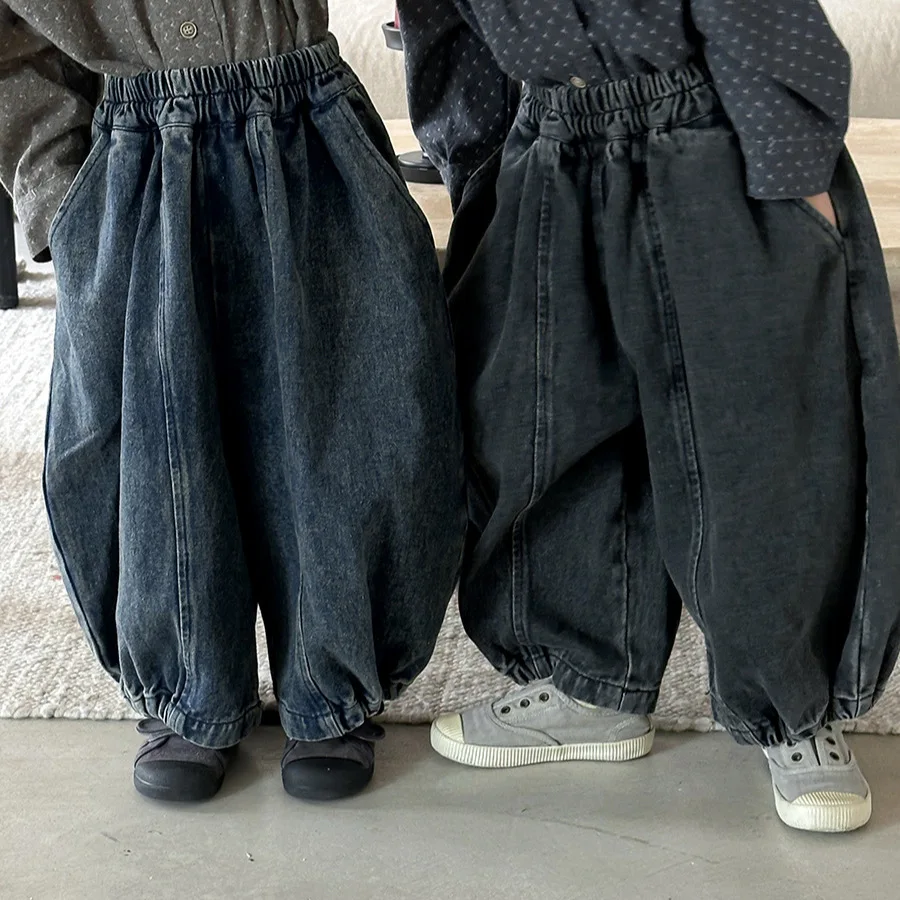 

Trousers 2025 Autumn New Childrens Clothing Korean Style Boys and Girls Fashion Splicing Loose Bunched Jeans Casual Simple Daily