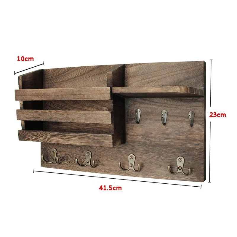 Mails & Keys Storage Shelf Wall Mounted Wooden Rack Holder with Hooks Hanging Bag Hat Coat Rustic Decor Home/Office 41cm/16Inch