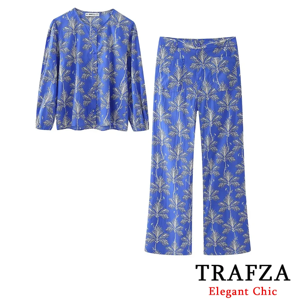 TRAFZA Elegant Casual Coconut Tree Print Set Women\'s Crew Neck Buttons Long Sleeve Blouse With Pants New for 2024 Spring Suit