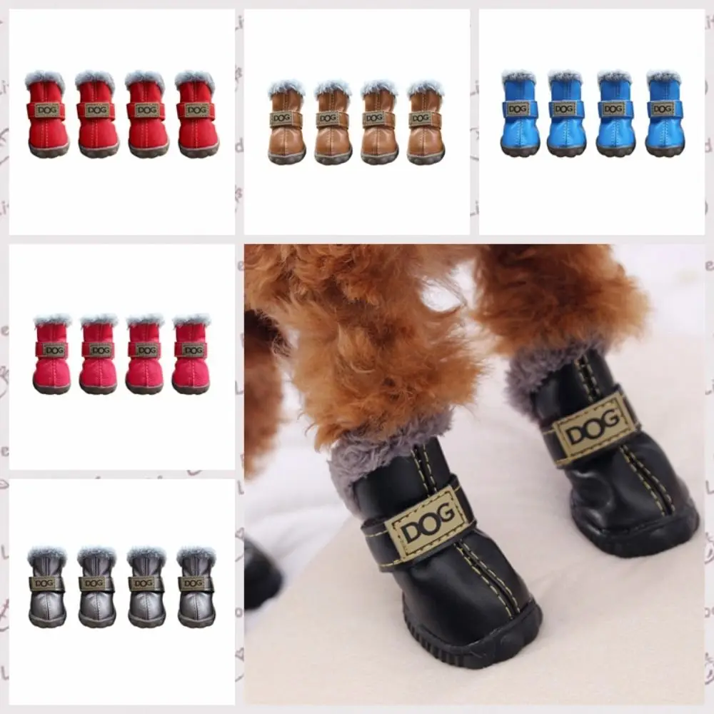 Warm Pet Snow Boots Dog Boots Non Slip Waterproof Winter Pet Dog Shoes Soft Plush/PU for 4Pcs/Set Chihuahua