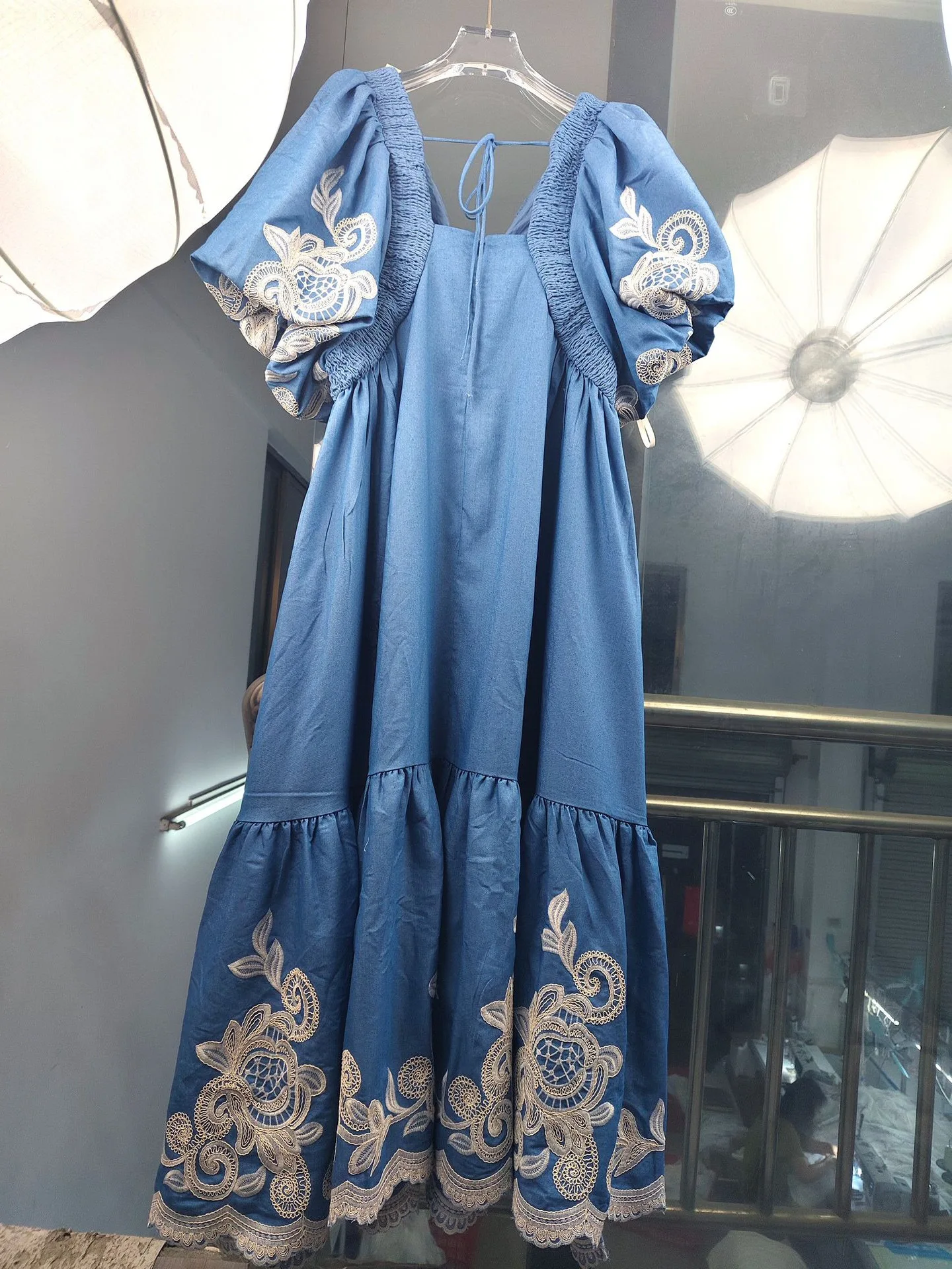 2025 Spring and Summer New Puff Sleeve Square Neck Tie Elastic Splicing Retro Embroidery Blue Long Dress-GZDL101