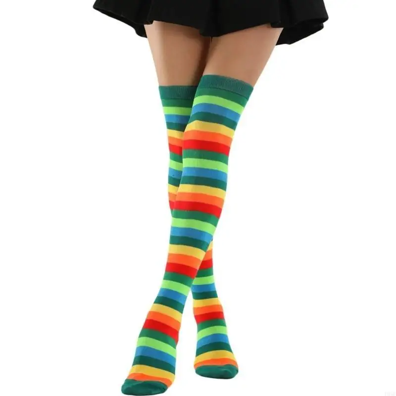 195E Oberschenkelstrümpfe, bunt, Regenbogenfarben, gestreift, Oberschenkelstrümpfe, Overknee-Socken, Beinstulpen für Damen,