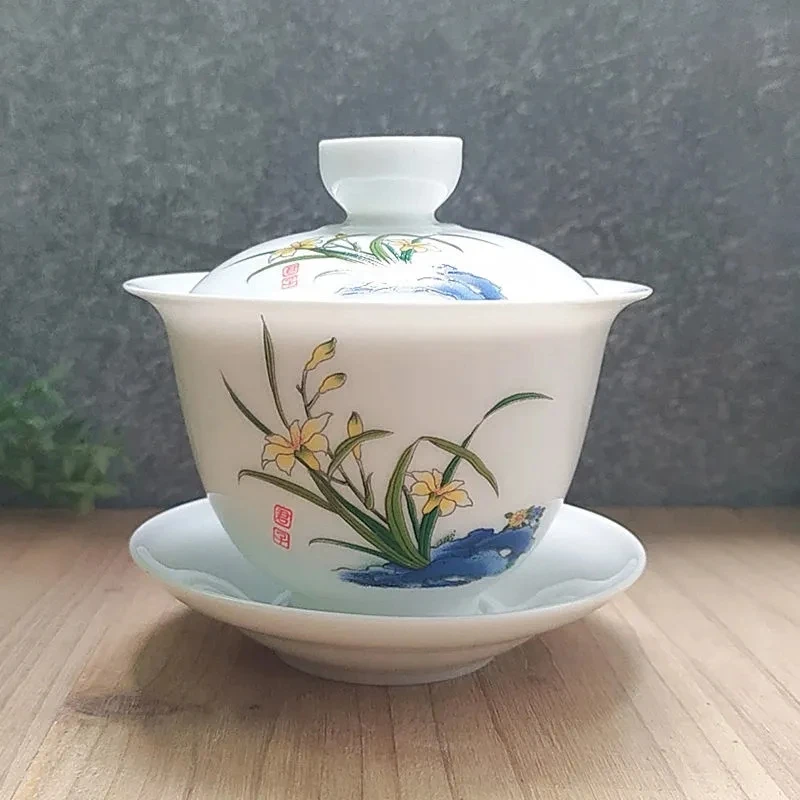 180ml Hand-Painted Tea Tureen Fat Jade White Porcelain Gaiwan Household Ceramic Tea Infuser Traditional with Cover Teacup