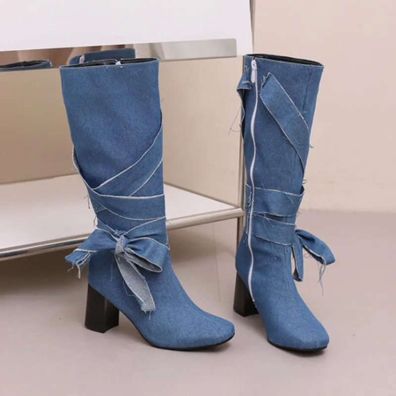 

Winter Fashion Light Blue Brown Women Knee High Boots High Square Heels Lady Dress Shoes Plus Big Size 443 45 47