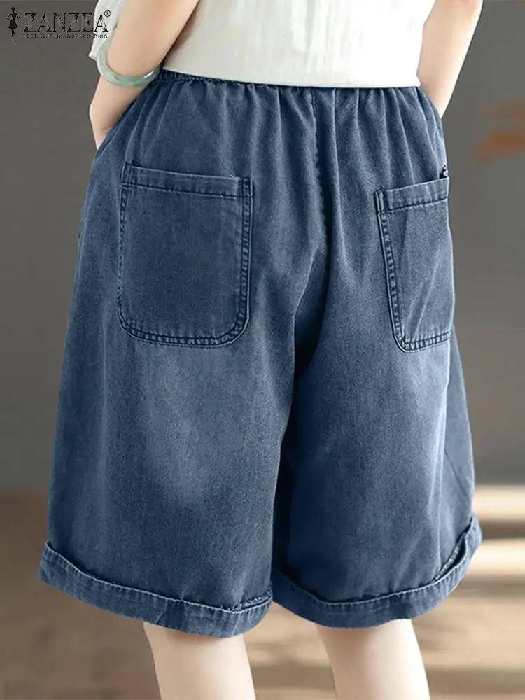 ZANZEA Summer Jeans Trousers Fashion Shorts Women Vintage Wide Leg Denim Blue Pantalon Casual Elastic Waist Solid Short Pant