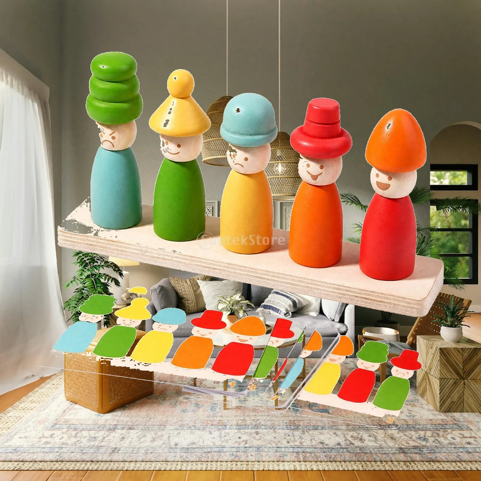 Wooden Peg Figure Matching Toy Hand-Eye Coordination Wooden Matching Toy with Cards Educational Hands-on for Preschoolers