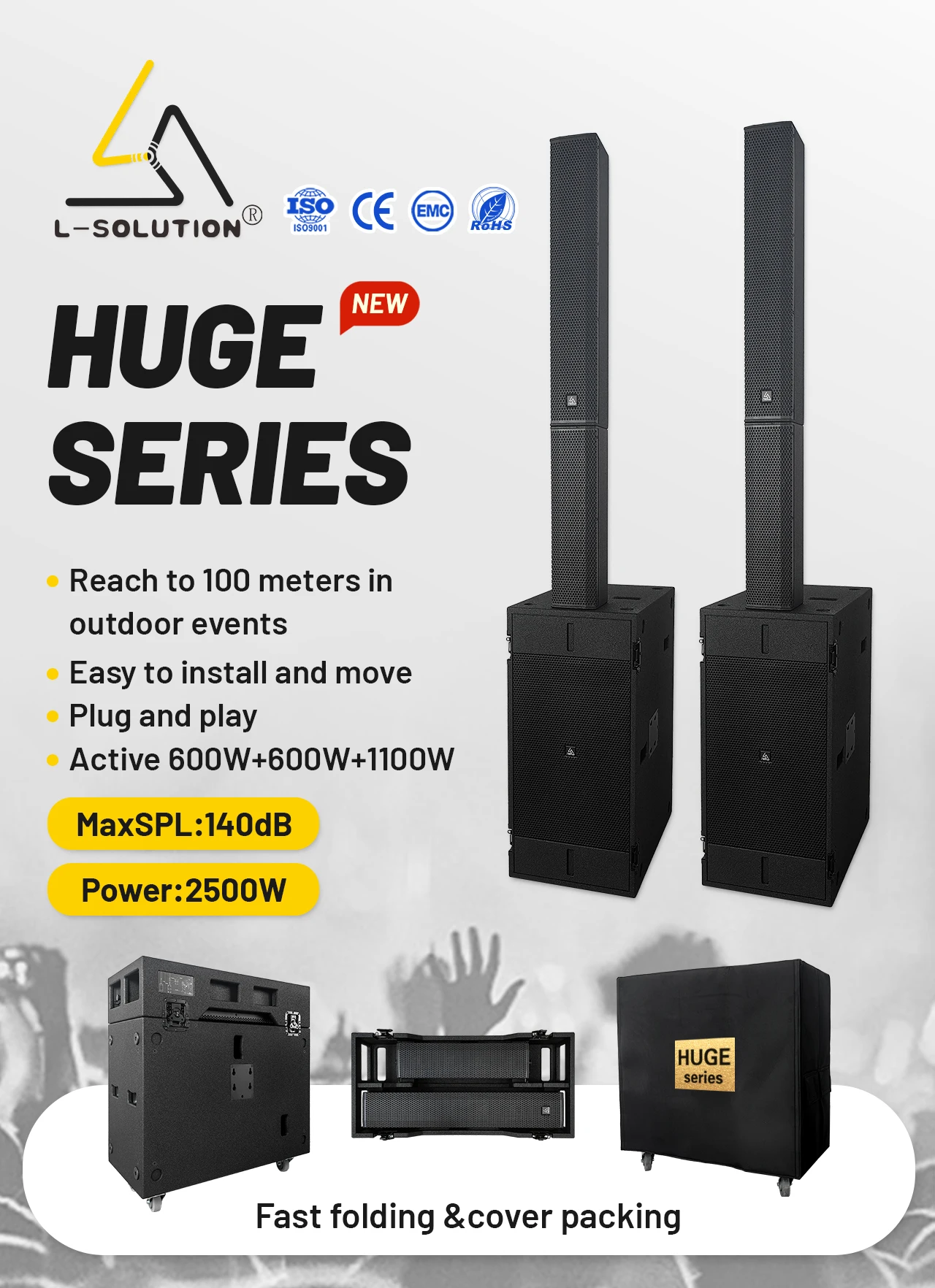 L-solution Huge Series 2500W Max SPL140dB Neodymium Active Column Speaker System With Hi-Res Audio 3-Channel Professional Sound