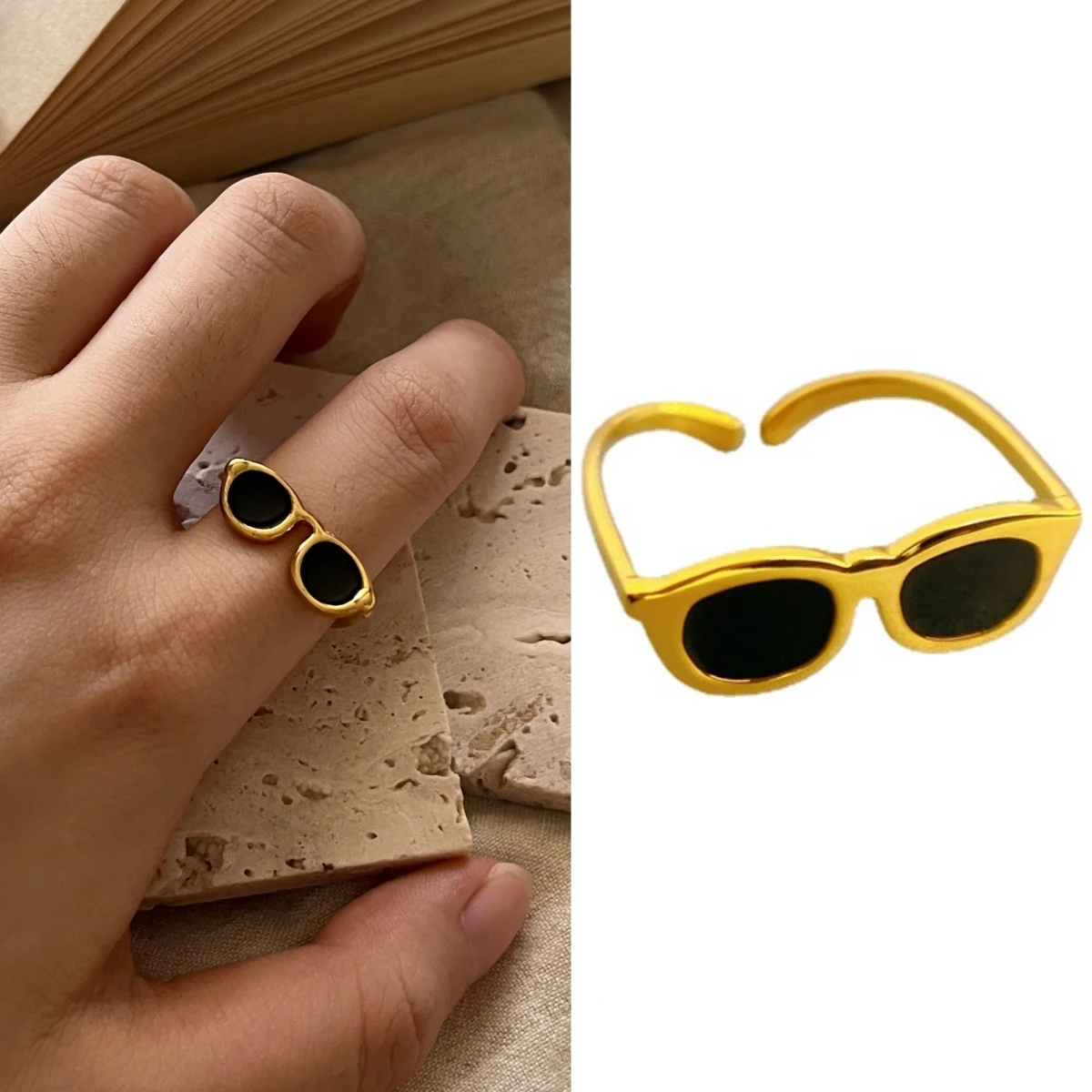 Komik Altın Kaplama Güneş Gözlüğü Yüzük Açık Ayarlanabilir Serin Kişilik Gözlük Şekli Siyah Emaye Sır Altın Yüzük Kadın Parmak Yüzük