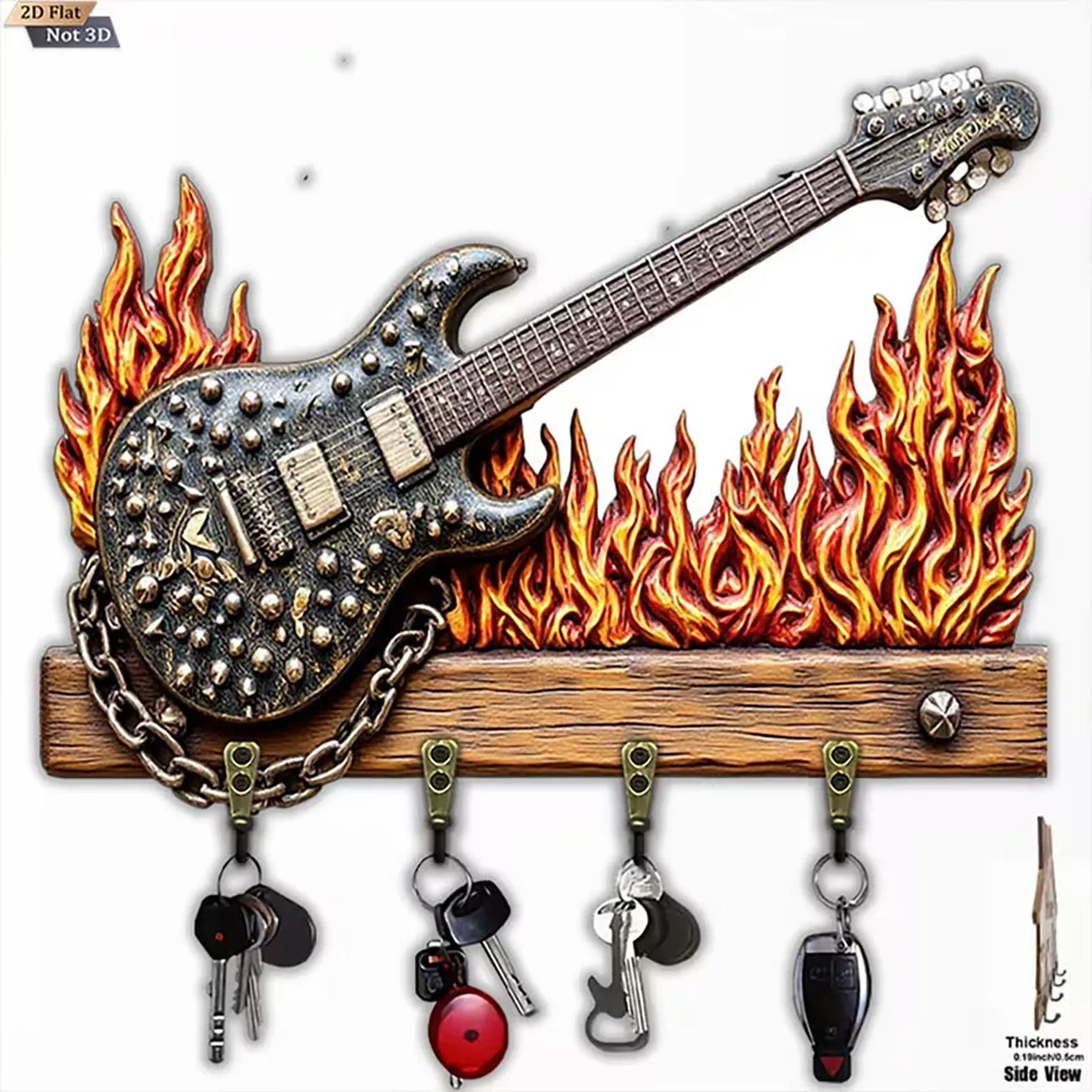 2D Flat Key Holder with Riveted Guitar and Flame Print, Four Hooks, Cool Rock Style Wall Decor for Music Lovers.