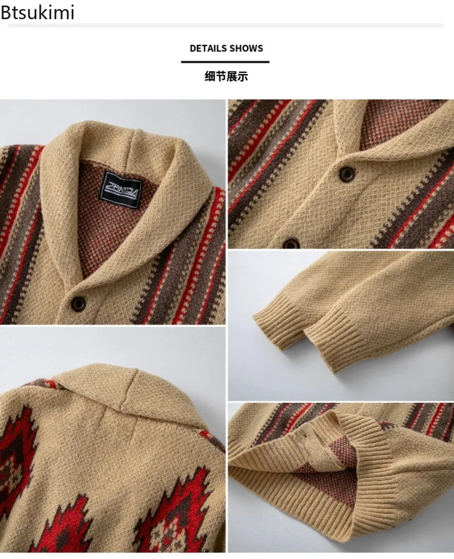 الراقية محبوك البلوزات للرجال الخريف الشتاء الرجعية الجاكار سترة طويلة الأكمام محبوك معطف شتاء معاطف ملابس رجالية جديدة #5