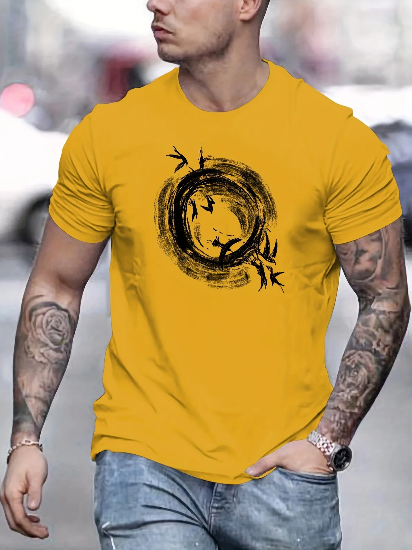 Men's 100% Pure Cotton Fashionable Casual Loose and Simple Round Bird Pattern Printed Round Neck Short Sleeved T-Shirt Top