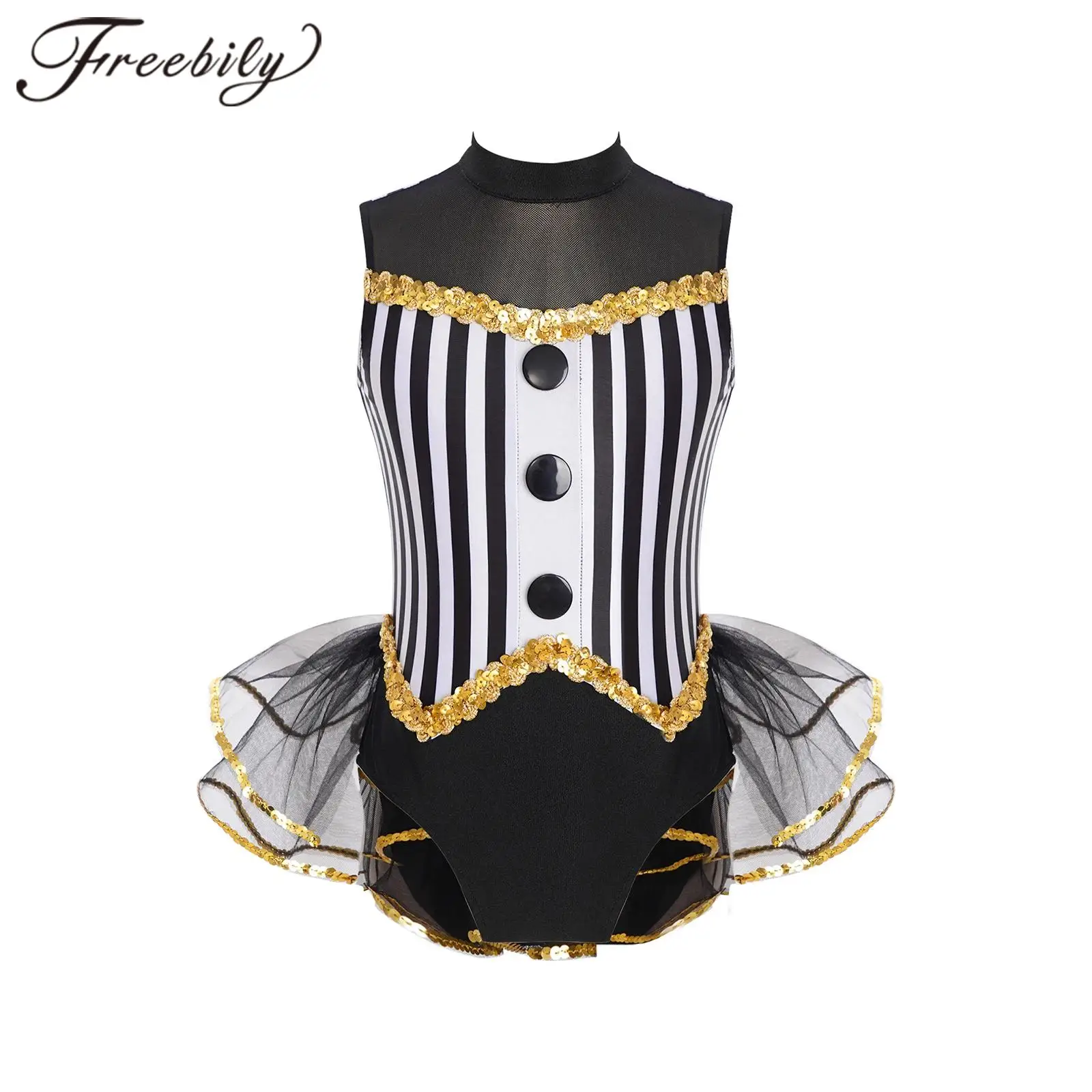 Kids Girls Gymnastics Jumpsuit Ballet Dance Costume Children's Striped Leotard Tulle Skirted Bodysuit Dancing Performance Wear