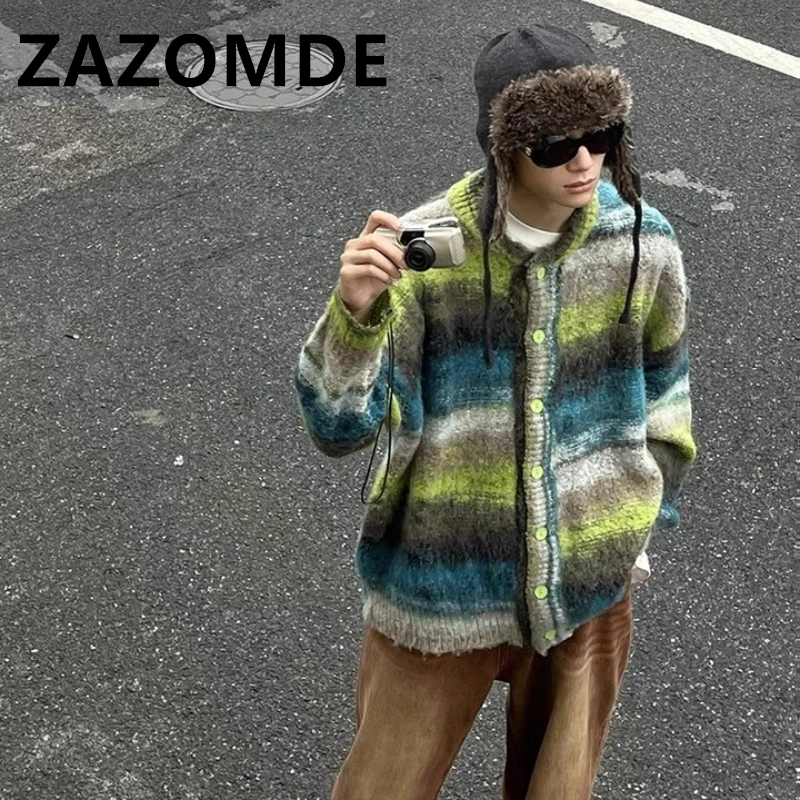 ZAZOMDE Winter Colorful Cardigan Sweater Stripe Rainbow Knitted Button Coat Fashion Contrast Color Sweater Coat Y2K Couple Tops