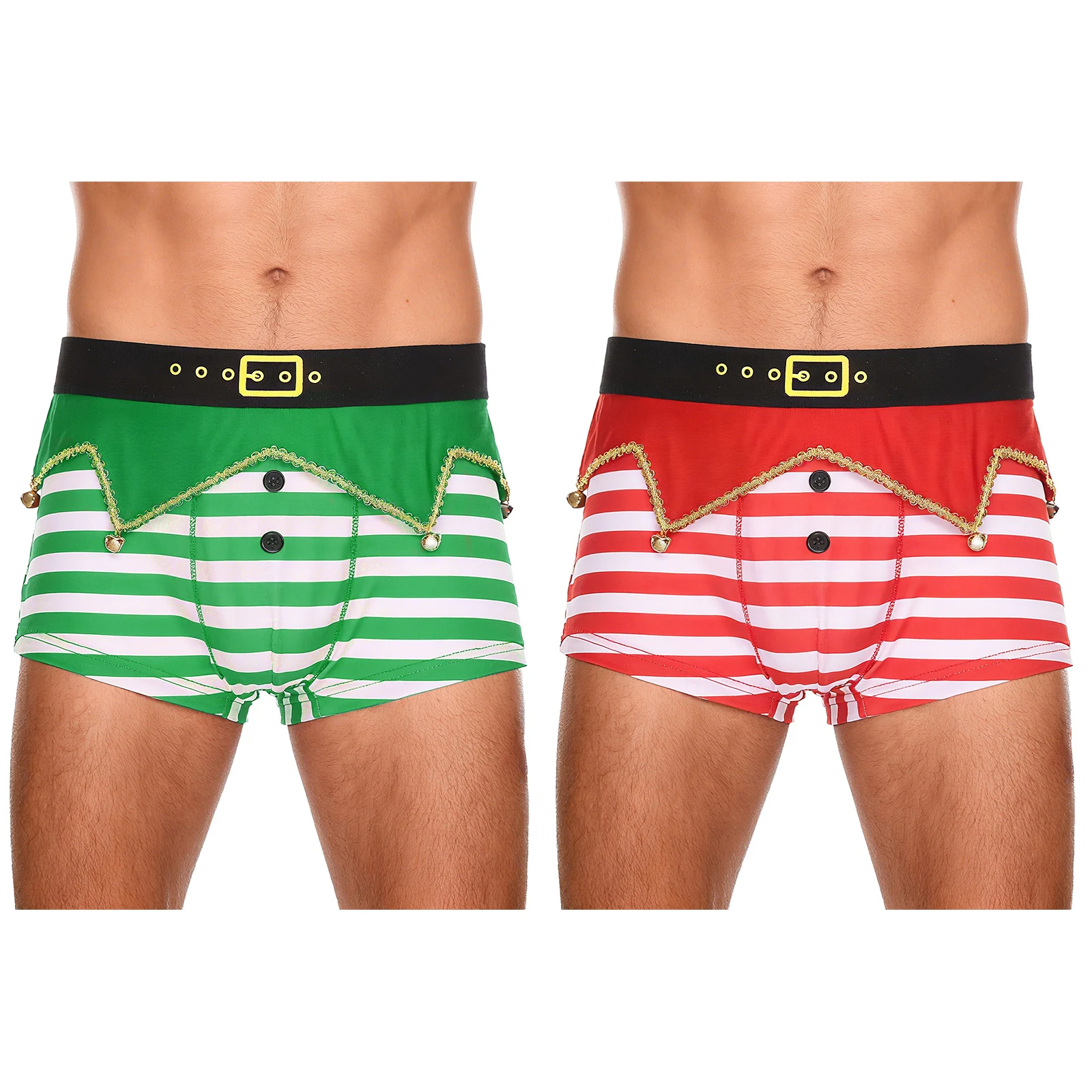 Men Christmas Elf Striped Underwear Funny Novelty Holiday Boxer Briefs Elastic Waistband Irregular Panel Bells Striped Shorts
